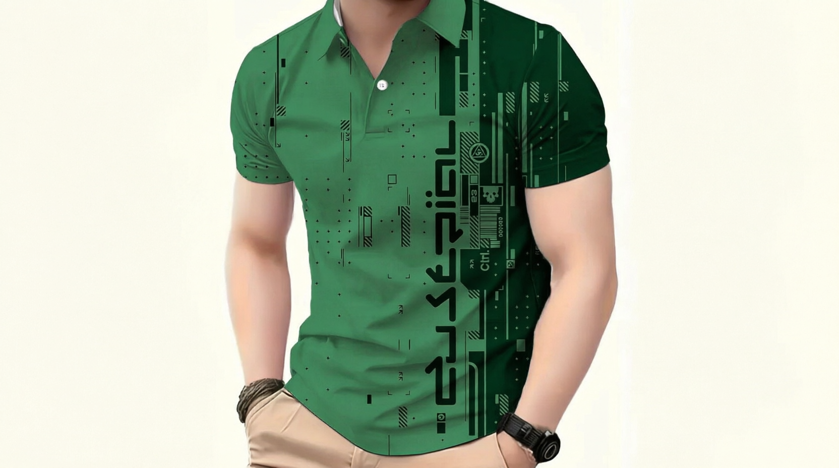 1777869498 Men’s Green Tech-Print Polo Shirt - Image 1